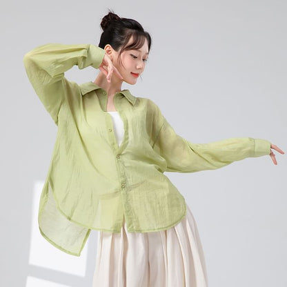 Sheer Solid Button-Down Shirt with Extended Sleeves