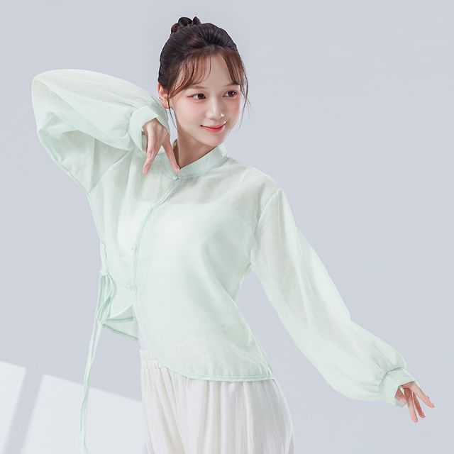 Solid Cropped Tee with Stand Collar and Extended Sleeves