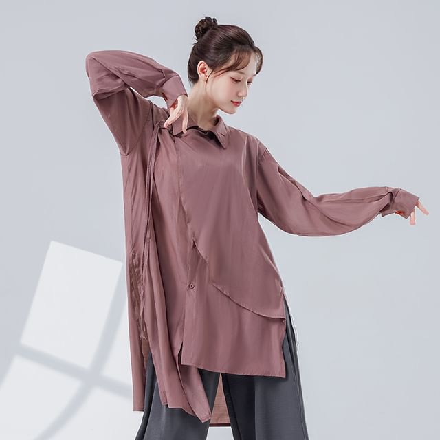 Asymmetric Solid-Colored Top with Extended Sleeves