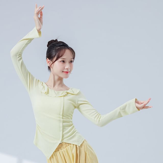 Asymmetric Solid Top with Frilled U-Neckline and Long Sleeves