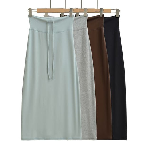 Drawstring Waist Plain Midi Pencil Skirt