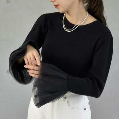 Ribbed Knit Round Neck Long Sleeve Solid Top