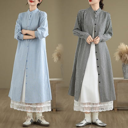 Band Collar Plaid Shirt Dress & Lace Trim Midi Skirt