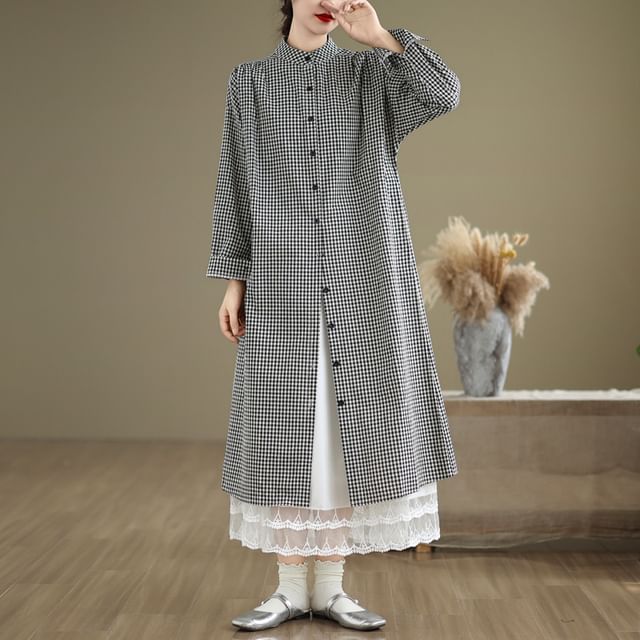 Band Collar Plaid Shirt Dress & Lace Trim Midi Skirt