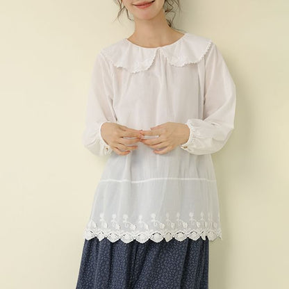 Floral Embroidered Long Sleeve Solid Blouse