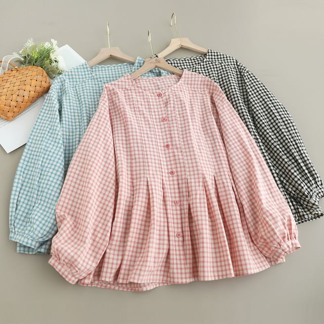 Gingham Blouse with Crew Neckline and Extended Sleeves