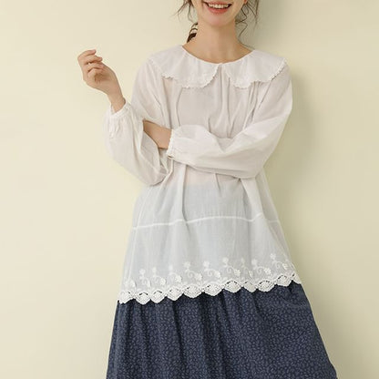 Floral Embroidered Long Sleeve Solid Blouse