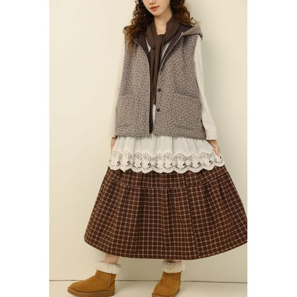 Plaid Tiered Midi A-Line Skirt with Elastic Waist
