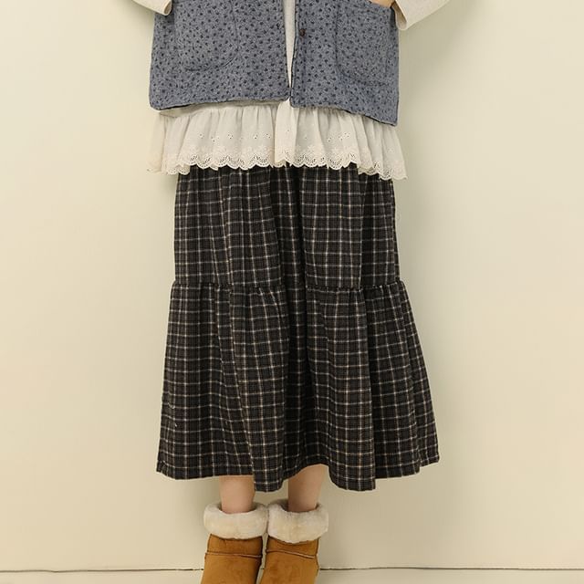 Plaid Tiered Midi A-Line Skirt with Elastic Waist