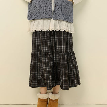 Plaid Tiered Midi A-Line Skirt with Elastic Waist