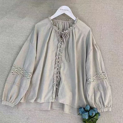 Frill Trim Lace Panel Long Sleeve Solid Blouse