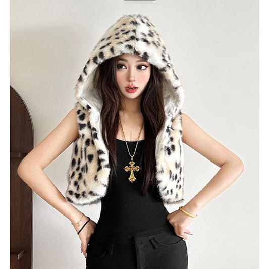 Animal Print Faux Fur Hooded Vest