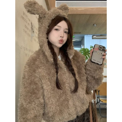 Ear Hooded Plain Fluffy Jacket