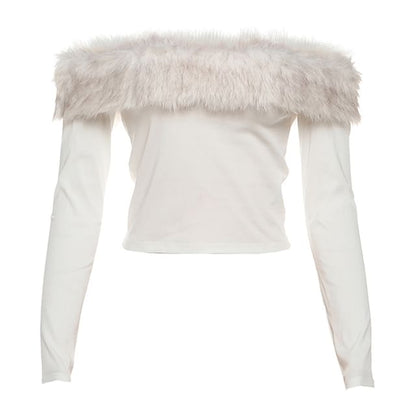 Off Shoulder Faux Fur Panel Long Sleeve Top