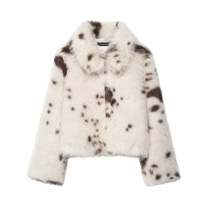 Collared Cow Print Fluffy Jacket