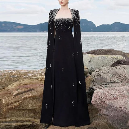 Slit-Sleeve Queen Anne Neckline Glitter A-Line Evening Gown