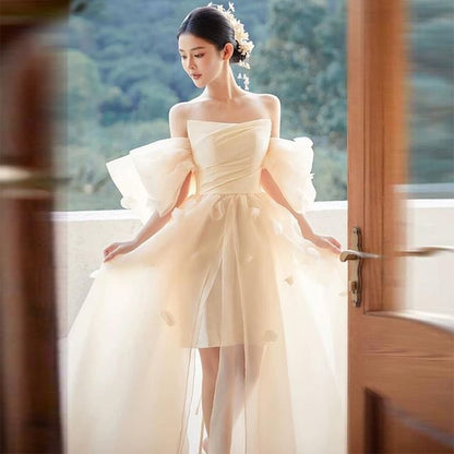 Puff-Sleeve Off Shoulder Sheer A-Line Evening Gown