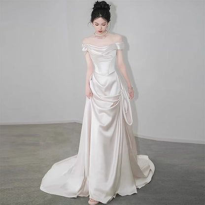 Off Shoulder Trained A-Line Wedding Gown