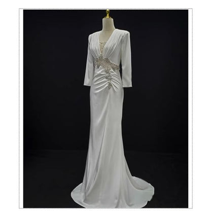 3/4-Sleeve V-Neck Trained Sheath Evening Gown
