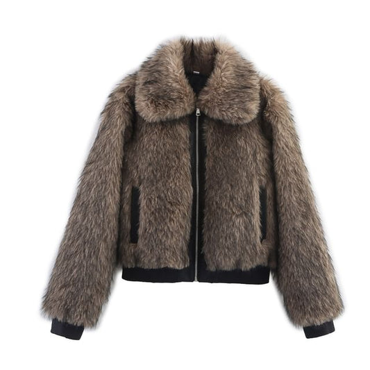 Collared Faux Fur Panel Faux Leather Zip Jacket