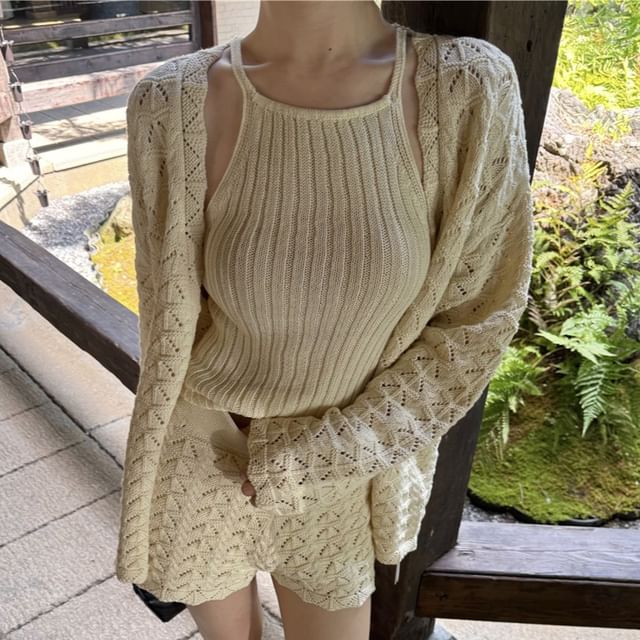 Ribbed Knit Halter Top Pointelle Cardigan Shorts Set