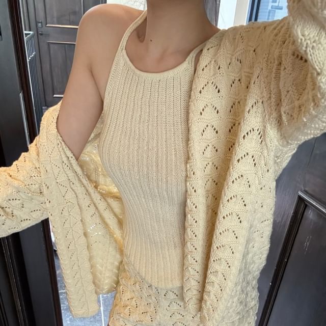 Ribbed Knit Halter Top Pointelle Cardigan Shorts Set