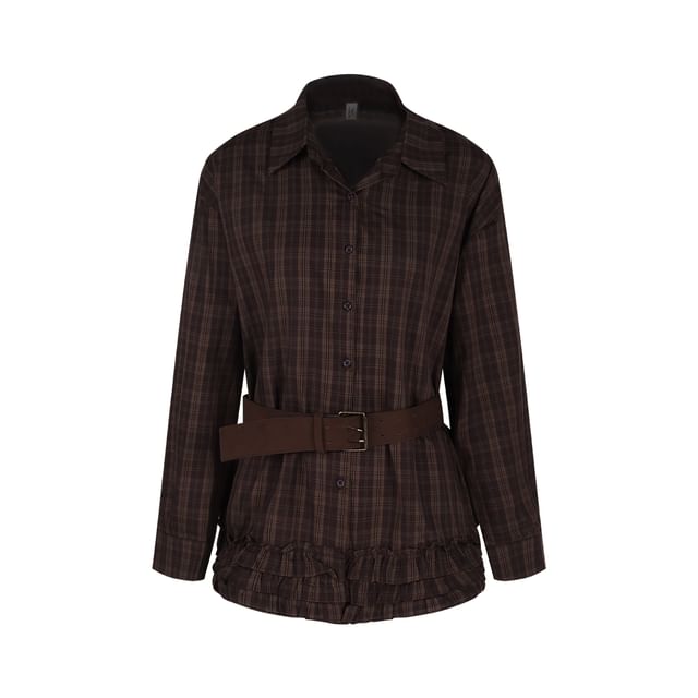 Ruffled Plaid Long Sleeve Button Shirt