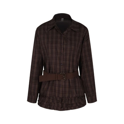 Ruffled Plaid Long Sleeve Button Shirt