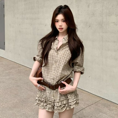 Ruffled Plaid Long Sleeve Button Shirt