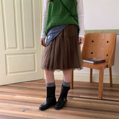Mesh Bubble Knee-Length Skirt