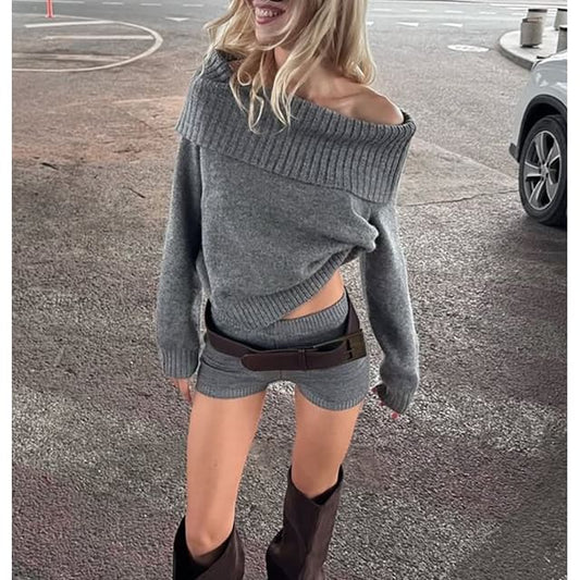 Off Shoulder Loose Knit Sweater & Low Waist Knitted Shorts Set