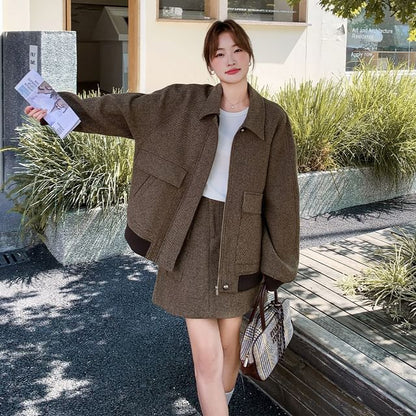 Contrast Trim Zip-Up Jacket + Mini A-Line Skirt Set