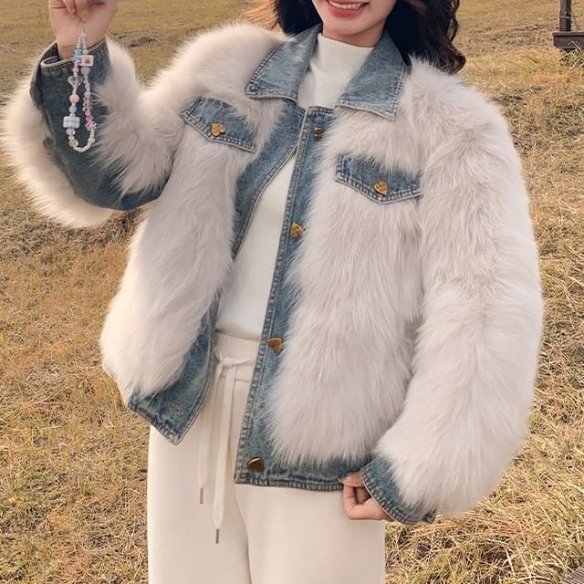 Collared Denim Panel Fluffy Button-Up Jacket