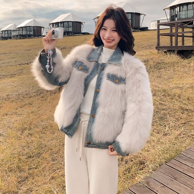 Collared Denim Panel Fluffy Button-Up Jacket