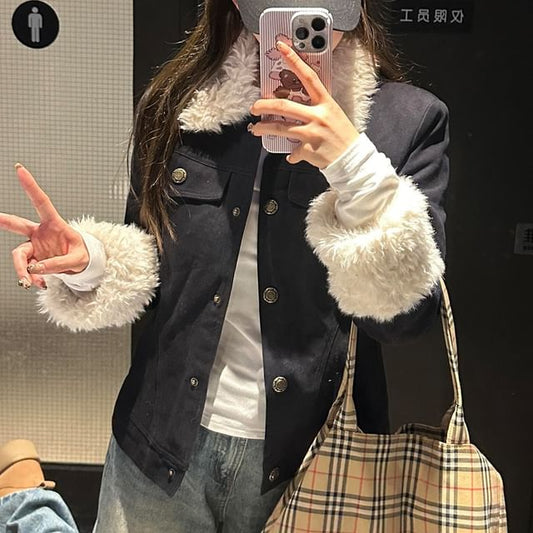 Furry Panel Button-Up Padded Jacket