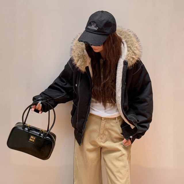 Fluffy Hooded Plain Bomber Jacket