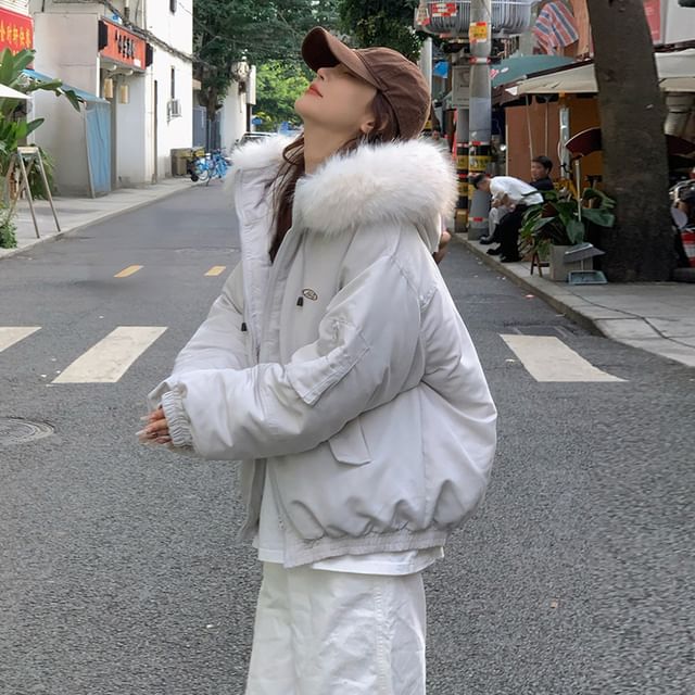 Fluffy Hooded Plain Puffer Bomber Jacket