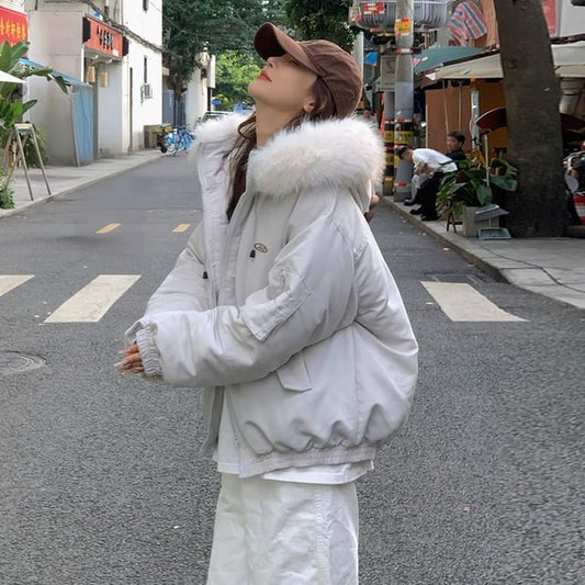 Fluffy Hooded Plain Puffer Bomber Jacket