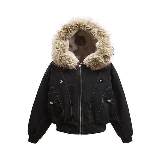 Fluffy Hooded Plain Bomber Jacket