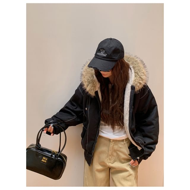 Fluffy Hooded Plain Bomber Jacket