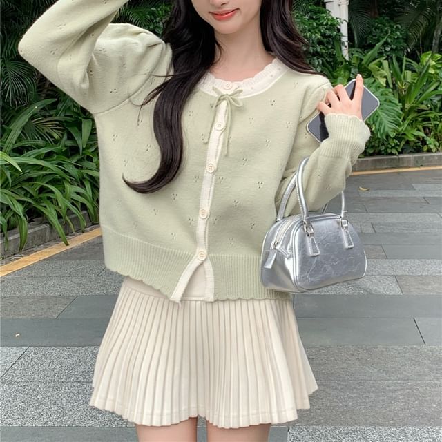Round Neck Two Tone Pointelle Cardigan