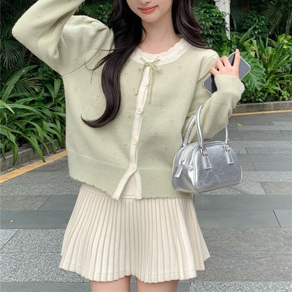 Round Neck Two Tone Pointelle Cardigan