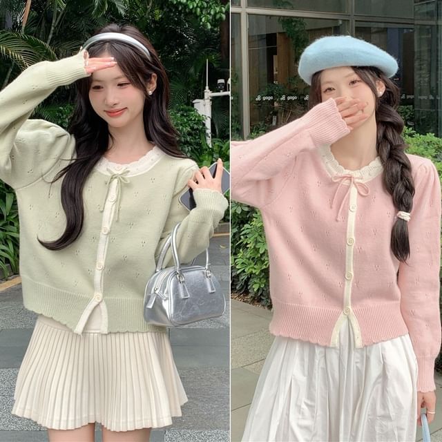 Round Neck Two Tone Pointelle Cardigan
