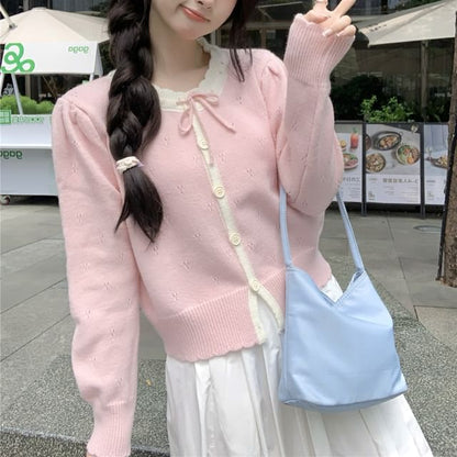 Round Neck Two Tone Pointelle Cardigan