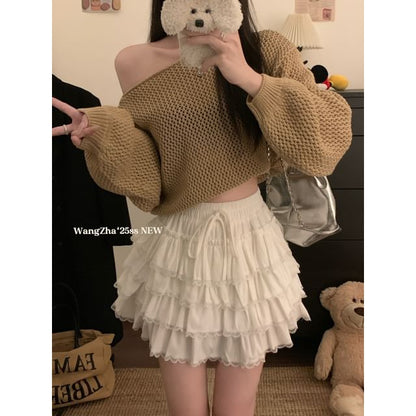 Tiered Lace Trim Mini A-Line Skirt - High Waist