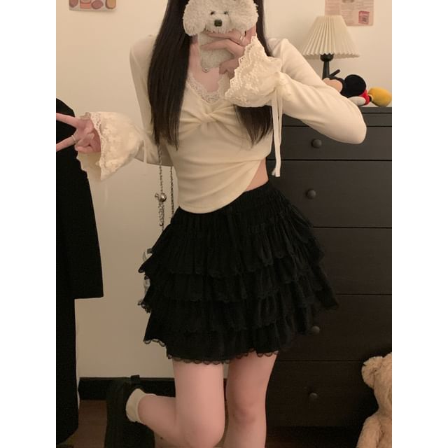 Tiered Lace Trim Mini A-Line Skirt - High Waist