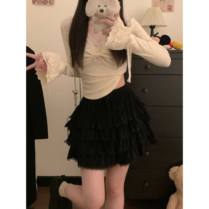 Tiered Lace Trim Mini A-Line Skirt - High Waist