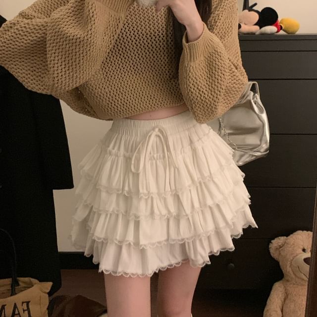 Tiered Lace Trim Mini A-Line Skirt - High Waist