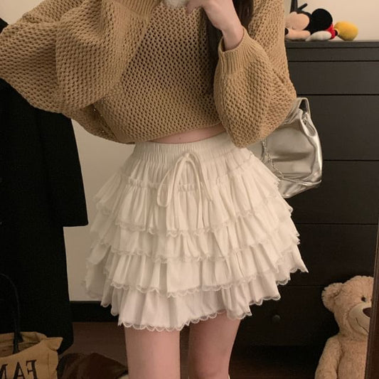 Tiered Lace Trim Mini A-Line Skirt - High Waist