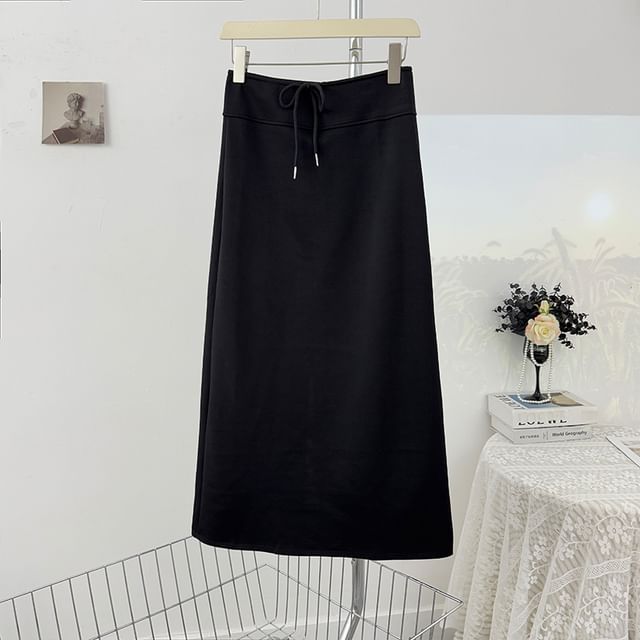 Drawstring Waist Midi A-Line Skirt